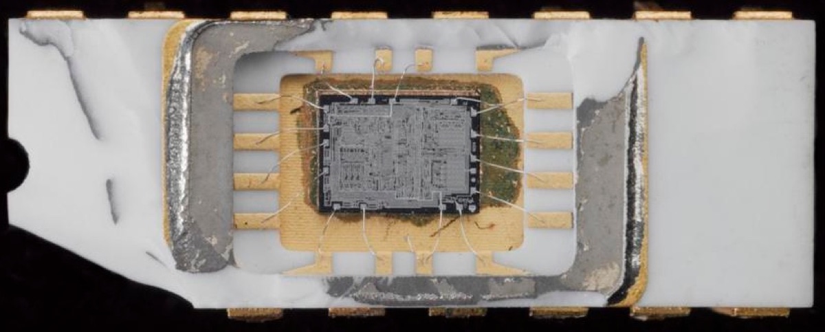 An opened Intel 4004 microprocessor