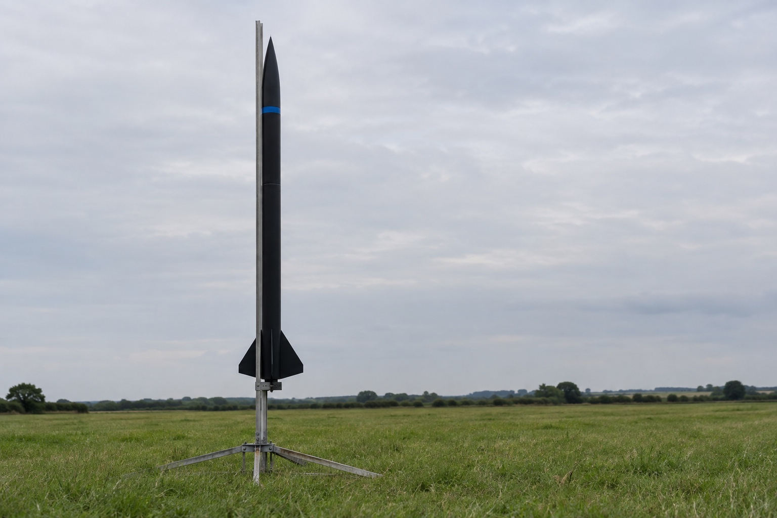 A black high-power model rocket standing on its launch rail